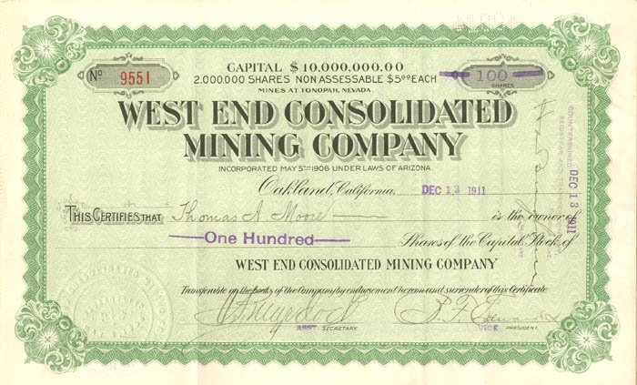 West End Consolidated Mining Co. - Stock Certificate